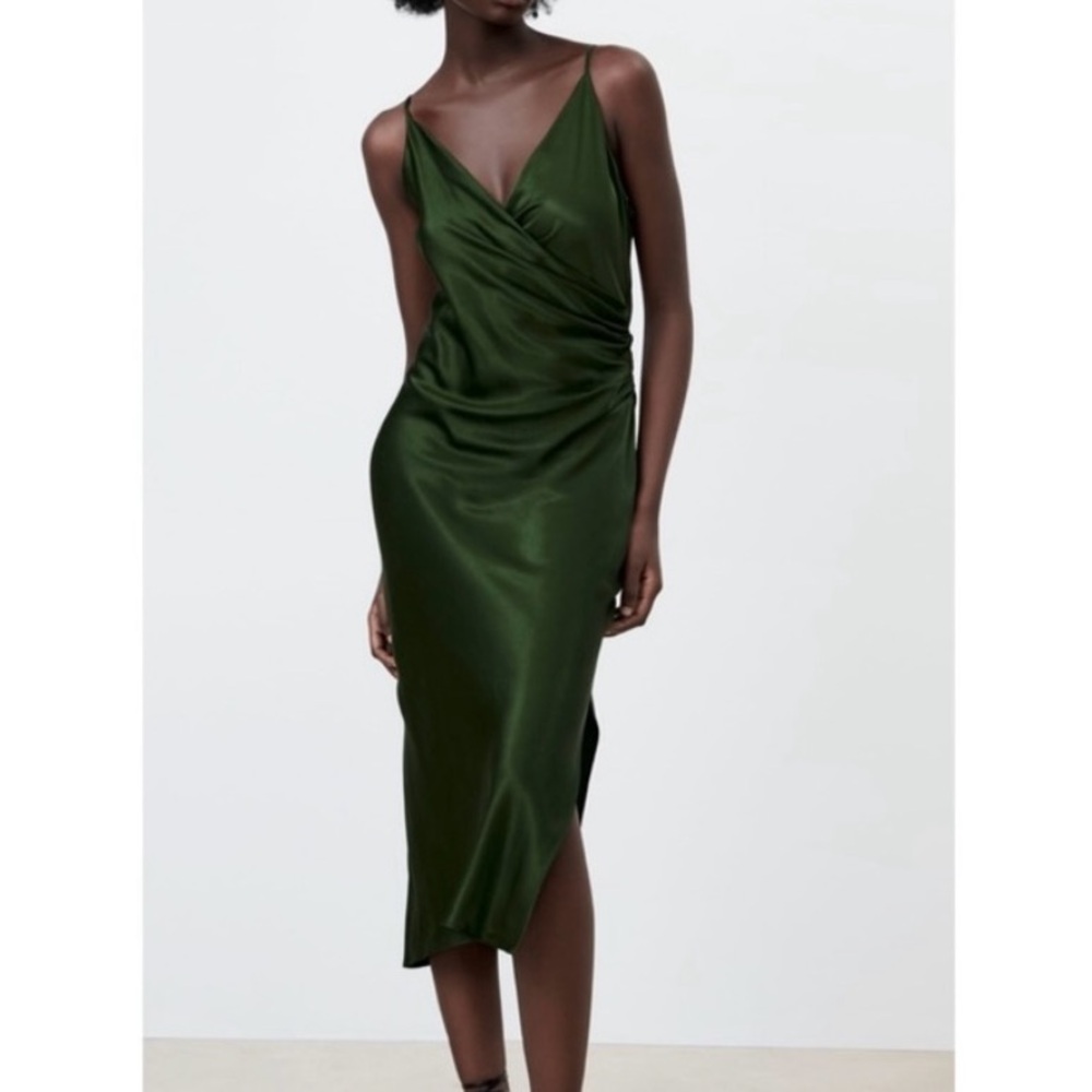 Zara Deep Green Satin Midi Dress (size small)
